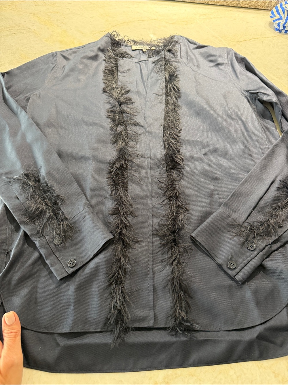 Anne Klein Charcoal Feather-Trim Open Blouse